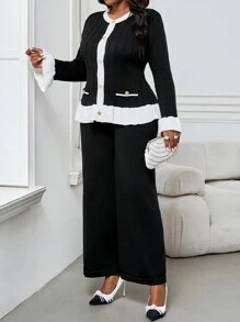 SHEIN Lady Autumn And Winter Elegant Work Office Black And White Worsted Round Neck Flounce Sleeve Contrast Binding Gold Button Fake Pockets Midi Long Sleeve Plus Size Sweater Co-Ords - Black and White - View 5