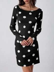 SHEIN Unity Women's Black And White Polka Dot Dress,Autumn 70s Retro French Style,Everyday Soft Ribbed Knit Elastic Off Shoulder Fitted Slim Bodycon Long Dress - Black - View 1