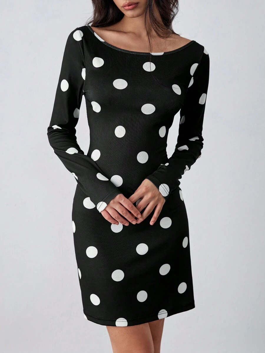 SHEIN Unity Women's Black And White Polka Dot Dress,Autumn 70s Retro French Style,Everyday Soft Ribbed Knit Elastic Off Shoulder Fitted Slim Bodycon Long Dress - Black - View 1