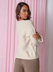 COSMINA Women Solid Color Drop Shoulder Long Sleeve Loose Casual Cardigan, Autumn/Winter - Apricot - View 2
