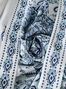 SHEIN LUNE Plus Size Women's Retro Palace Style Tie-Front Patterned Long Sleeve A-Line Dress, Elegant French Style