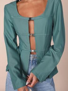 COSMINA Women's Solid Color Long Sleeve Casual Minimalist Top, For Daily Wear - Teal Blue - View 3