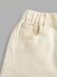 女童全年必备日常休闲简约浅卡其色短款宽腿牛仔裤，松紧腰身，原始下摆贴布细节和五个扁平口袋