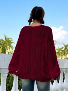 SHEIN Unity Áo len dệt kim dáng rộng, đơn sắc, vai rớt, phong cách tối giản thường ngày, thích hợp cho mùa thu/đông. - Màu Đỏ Sâu - Xem 2