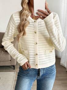 SHEIN LUNE Women's Apricot Round Neck Perforated Button & Fake Pocket Cardigan Sweater Fall Cloth For Women - Apricot - View 5