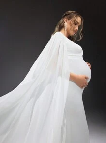 SHEIN Solid Color Slim Fit Long Maternity Spaghetti Strap Dress, Photo Shoot Outfit - White - View 4