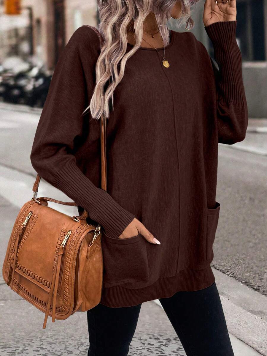 SHEIN LUNE 女士纯色蝙蝠袖双口袋时尚套头衫，秋冬 - 紫紅色 - 查看 1