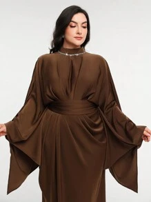 Veilorie Plus Size Women Elegant Solid Color Batwing Sleeve Arabic Style Dress Modest - Coffee Brown - View 5