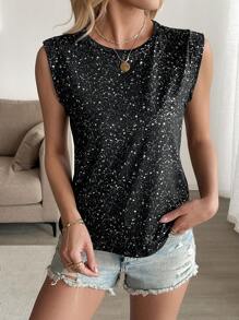 SHEIN LUNE 时尚休闲银色烫金圆领宽肩带无袖T恤