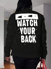 SHEIN Slayr Women's Autumn Slogan Print Long Sleeve Single-Breasted Casual Baseball Jacket - Black - View 2