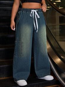 SHEIN EZwear Plus Size Front Tie Pocket Simple Design Casual Denim Jeans - Medium Wash - View 3