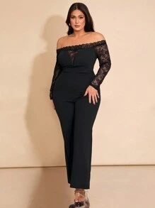SHEIN BAE Plus Size Women Black Lace Patchwork Jumpsuit, Long Sleeve Flared Pants Suit, Suitable For Autumn/Winter Dates, Christmas, Parties, Nightlife, Valentine's Day