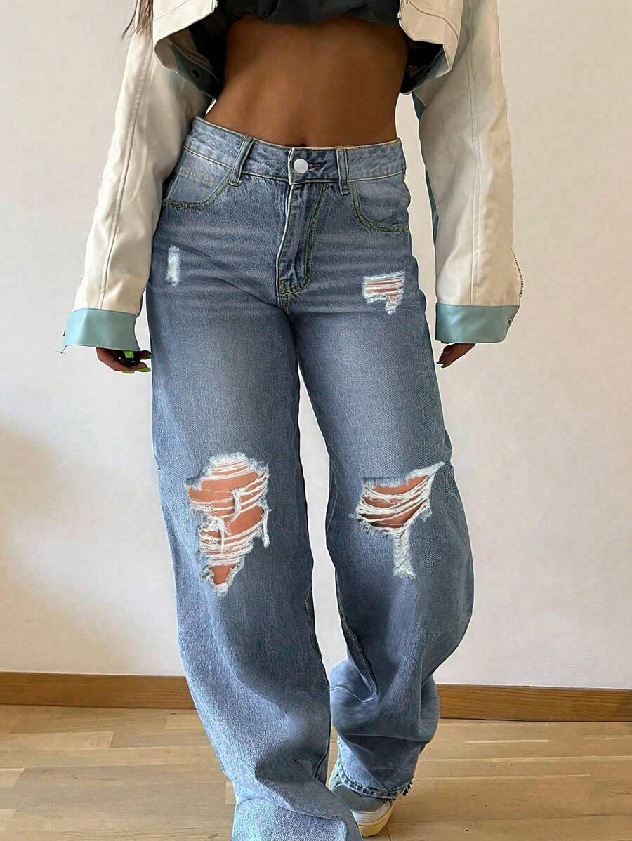 Women's Light Color Wash Stacked Casual Fashion Street Ripped Holes Pockets Straight Loose Jeans - Rửa nhẹ - Xem 1