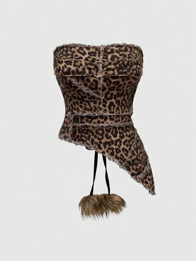 Blusa de mezclilla con estilo vintage, efecto desgastado, tachuelas y estampado de leopardo, para mujeres en estilo punk