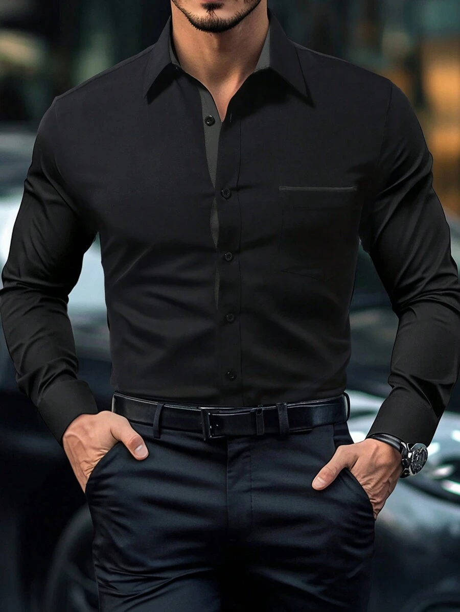 Manfinity Mode Men's Casual Versatile Color Block Long Sleeve Shirt Black Dress Shirt Men S Long Sleeve Designer Dress Shirts Black Long Sleeve Shirt, Men Black Dress Shirts, Business Casual Men Shirt, Formal Shirts For Men, For Fall - Black - View 1