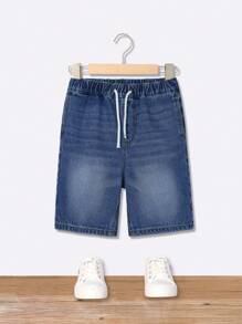 SHEIN Vintaside Kids Casual Street Style Decorative Drawstring Waist Tween Boys Denim Shorts, Fashion Versatile Leisure Jeans Shorts, School, Campus, College - Medium Wash - View 7