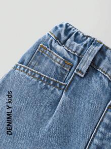 SHEIN Girls' Casual Versatile All-Match Comfy Washed Denim With Rolled Hem Design, Suitable For Everyday Wear - Medium Wash - View 3
