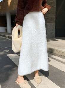 INAWLY 1pc Plus Size Solid Color Casual Long Knitted Skirt, Autumn/Winter