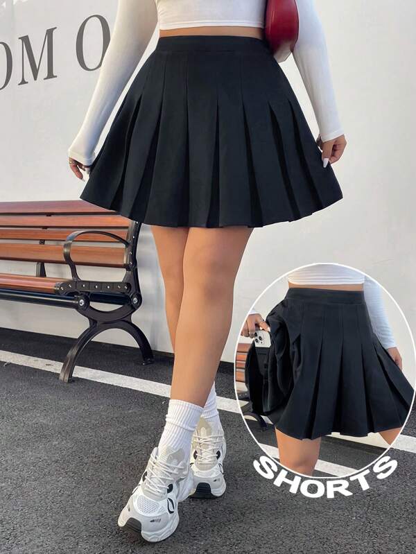 SHEIN EZwear Plus Size Women Pleated Skirt,Mini Women Skirts,Black Skirts For Women,With Pockets Privacy Protection Skirt,Kawaii Skirt,Casual And Versatile,Women Winter Clothes