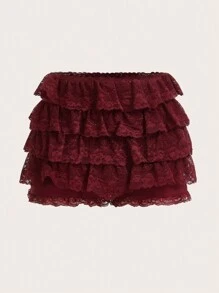 Sweetina Low Rise Solid Color Lace Shorts, Simple Fashion Casual Everyday - Burgundy - View 1