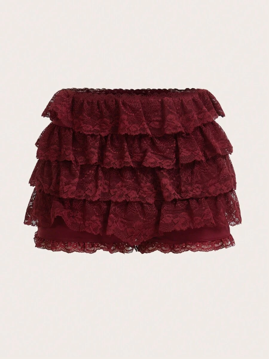 Sweetina Low Rise Solid Color Lace Shorts, Simple Fashion Casual Everyday - Burgundy - View 1