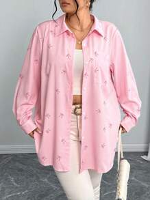 Elenzga Casual Romantic Pink Bow Print Blouse, Valentine's Gift Women Shirt ValentinesPink Lover Bow - Pink - View 5