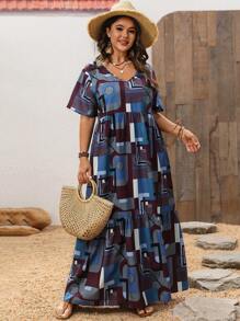 EMERY ROSE Plus Size Women Geometric Pattern Dress - Blue - View 5