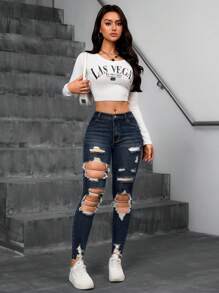 SHEIN Unity Distressed Frayed Edge Pocketed Solid Color Skinny Jeans Y2k - Dark Wash - View 2