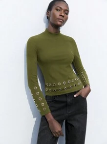 Maija Women's Olive Green Solid Color Modern Urban Design Puckered Decor Slim Fit Crew Neck Long Sleeve Casual Everyday T-Shirt Business Casual Women's Wear, Office Wear, Low-Key Old Money Style, Effortless Temperament, High-End Urban Commuting, The Same Style As The Editor-In-Chief Of The Magazine, Urban Social Vacation Party Wear, Charming, Low-Key And Durable Basic Style, Versatile And Not Picky Clothing, Street Fashion Wear, Clothing, Coffee Shop, Relaxed Wear