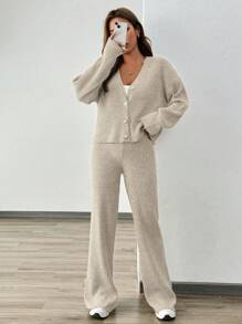 Chiquease Ribbed V-Neck Casual Knit Solid Color Commuter Fitted Skirt Suit