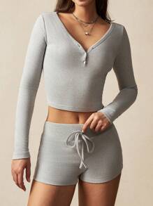 VARSITIE Gray Round Neck Long Sleeves Slim Fit Button Women Two-Piece Outfits - Grey - View 2