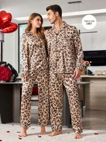 Men's Leopard Print Faux Silk Pajama Set With Collar And Button - Camel - View 3