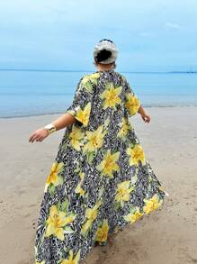 SHEIN SXY Plus Size Women's Early Spring Flower Print Colorful Tube Top Bottom And Trousers And Flowing Open Cardigan Three Pieces Set,Suitable For Daily Wear, Vacation, Seaside, Beach Party, Date Night, Birthday, Bachelorette Party Outfit Party, Dance, Couple Date, Elegant, Casual, Shopping, Street Wear, Outdoor, Flirty, Easy To Match And Looks Slim, Highlight Your Figure, Highlight Your Body For Summer - Multicolor - View 2