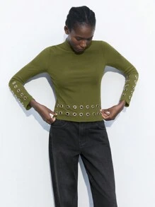 Maija Women's Olive Green Solid Color Modern Urban Design Puckered Decor Slim Fit Crew Neck Long Sleeve Casual Everyday T-Shirt Business Casual Women's Wear, Office Wear, Low-Key Old Money Style, Effortless Temperament, High-End Urban Commuting, The Same Style As The Editor-In-Chief Of The Magazine, Urban Social Vacation Party Wear, Charming, Low-Key And Durable Basic Style, Versatile And Not Picky Clothing, Street Fashion Wear, Clothing, Coffee Shop, Relaxed Wear