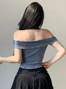 DAZY 女士简约露肩牛仔衬衫，休闲日常穿着 - 中等水洗藍 - 查看 5