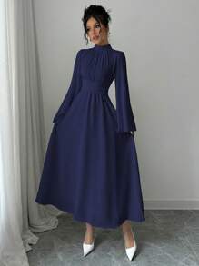 Rafferiza 女士纯色立领长袖简约长裙，休闲日常穿着长款女装 - 藏蓝色 - 查看 3