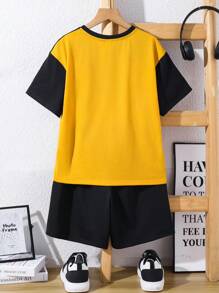 Tween Boys' Leisure Patchwork Letter Print Short Sleeve T-Shirt And Shorts Set