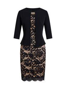 Ellevyn 2 Pieces Set: Black Fitted Mid-Sleeve Jacket + Lace Sleeveless Short Midi Fitted Dress For Women Office Wear Women Work Clothes Women Business Casual