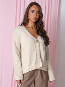COSMINA Women Solid Color Drop Shoulder Long Sleeve Loose Casual Cardigan, Autumn/Winter - Apricot - View 5