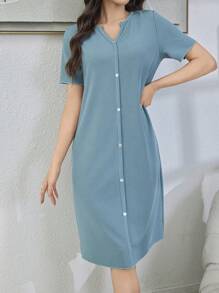 Solid Color Comfortable Textured Knit Short Sleeve Women Nightgown - Green - View 5