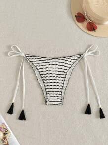 Swim Mod Textured Fabric Side-Tie Swimwear Bottoms For Women, Black & White, Summer Beach - Black and White - View 1