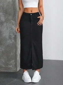 SHEIN Essnce Falda vaquera de línea A con bolsillo delantero liso, botones y bajo con abertura casual para mujer