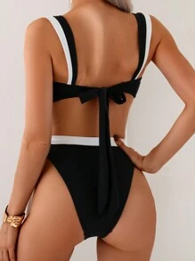 Swim Chiccia Bộ đồ nữ xếp ly màu tương phản gợi cảm phong cách châu Âu và Mỹ thanh lịch mùa hè - màu đen - Xem 2