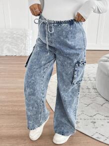 SHEIN Adjustable Elastic Waist Drawstring Blue Denim Loose Maternity Pants - Blue - View 4