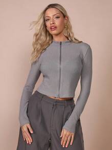 COSMINA Women's Solid Color Front Zipper Long Sleeve Casual Top, Daily Wear