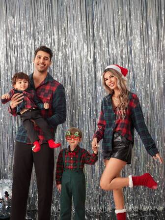 SHEIN Baby Jungen/Mädchen Farbblockfarben Rot & Grün Weihnachten Alles-Passend Hemd mit Taschen, Kontrastknopfverschluss, lässiges Retro Karodesign Kragen Lässig Hemd, geeignet für Zuhause, Ausflüge, Schule, Weihnachtsschlange