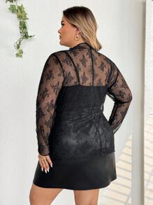 SHEIN CURVE+ Plus Size Floral Lace Sheer Top Without Bra,Valentine's Day,Valentines,Rose,Heart,Polka Dot,Love,Lip,Cupid,3D Flower