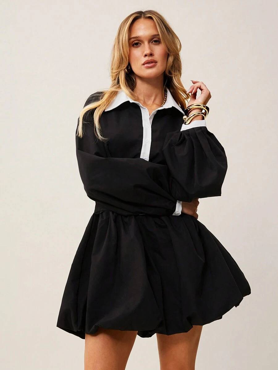 SHEIN Essnce Women's Collared Ruched Mini Dress,  Pleated Long Sleeve Button Up Mini Dress - Black - View 1