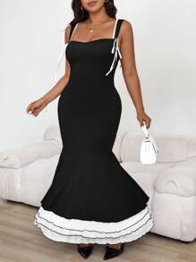 Celure Plus Size Women's Elegant Bodycon Spaghetti Strap Color Block Mermaid Maxi Dress With Bow For Summer