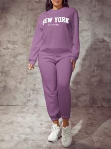 SHEIN SXY Women Letter Print Round Neck Drop Shoulder Long Sleeve Casual Sweatshirt, Autumn/Winter - Violet Purple - View 3